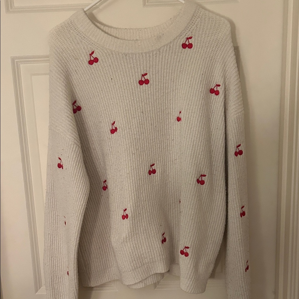 A New Day Cream Crewneck Sweater with Red Cherry Embroidery